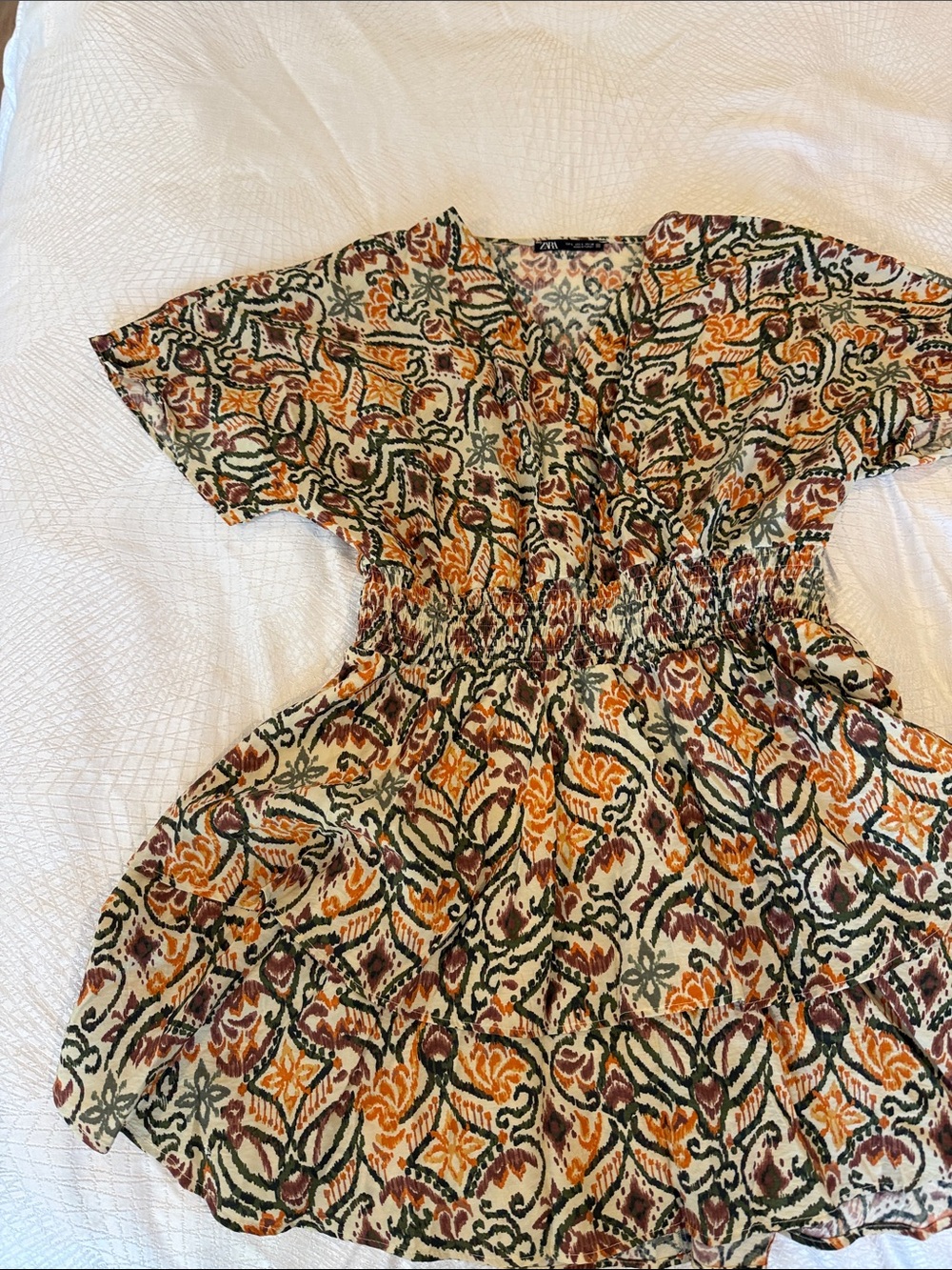 Zara Multicolor Floral Print Short Dress - Mustard, Green, Brown